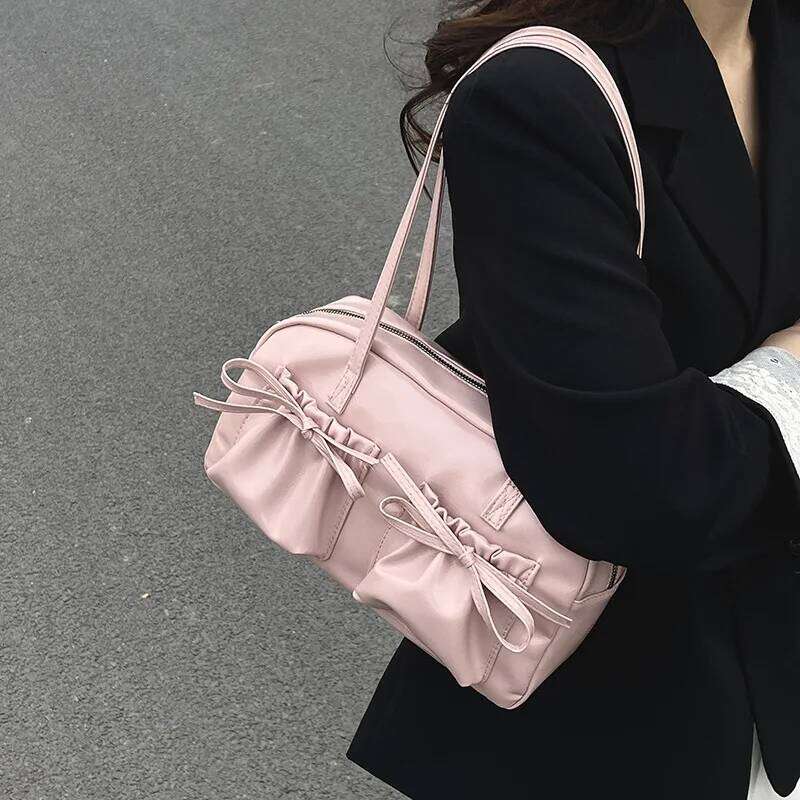 Sweet Bow Pleated Design Women Shoulder Bags Double-pocket Large Capacity Ladies Underarm Bag Solid Color Female Handbags Tote Y260205