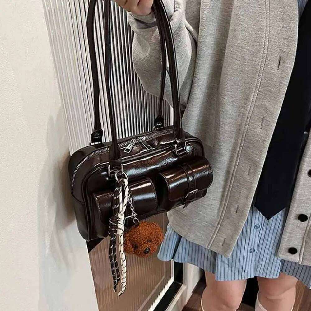 Korean PU Bowling Handbag Minority Design Pocket Boston Tote French Style Solid Color Underarm Bag Portable Y260205