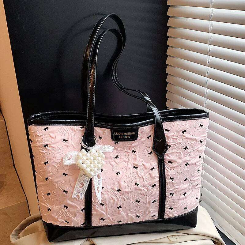 Korean Style Pink Bow Tote for Girls 2025 Large Capacity Shopper Versatile Commuter Casual Shoulder Bag Trendy Minimalist Y260204