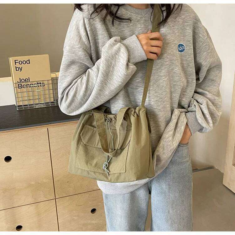 Casual Drawstring Bucket Shoulder Bags for Women Portable Nylon Ladies Handbags Tote Simple Solid Color Female Messenger Bag Y260205