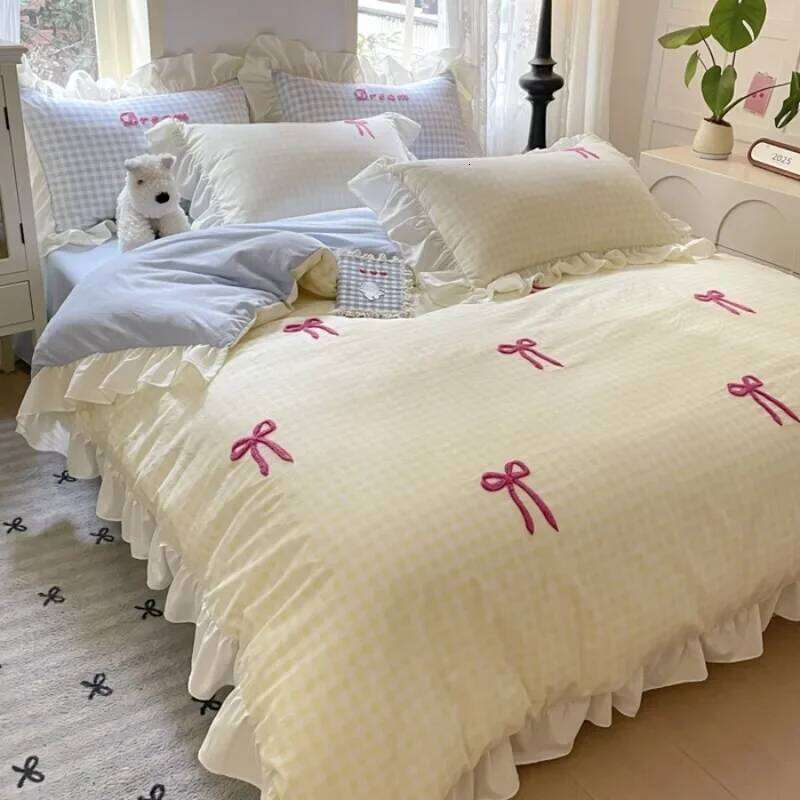 2025 spring and summer new Korean bow four-piece princess style lace washed cotton girl heart pink XJ260206