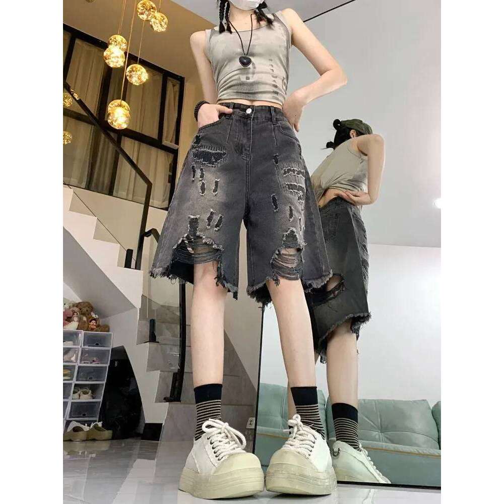 American Vintage Hole Denim For Women Summer High Waist Wide Leg Shorts 2025 New Loose Straight Five-point Pants XJ260206
