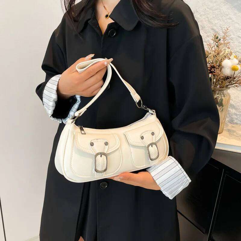 Fashion Pu Leather Women's Shoulder Bag Small Double Pocket Design Ladies Underarm Bags Y2k Vintage Female Handbags Clutch Purse Y260205