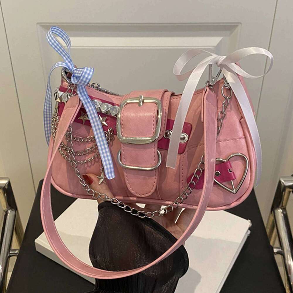 Women Y2K Hobo Shoulder Vintage Rivet Handbag Gothic Punk Small Crossbody Bags Fashion Bows Underarm Pouch Retro Armpit Bag Y260205