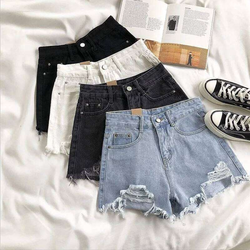 Korean Denim Shorts Women Summer Fashion Casual High Waist Ripped Jeans Pocket Tassel Y2K Hot Pants Streetwear Blue Trousers XJ260206