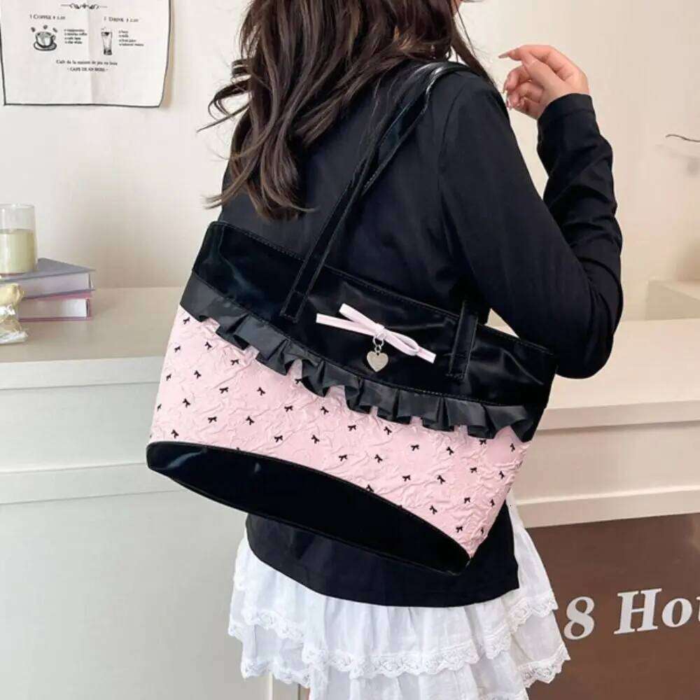 Retro Lattice Lace Bow Shoulder Rural Style Lovely Denim Plaid Handbag Leisure Vintage Commuting Tote Bag Women Y260205