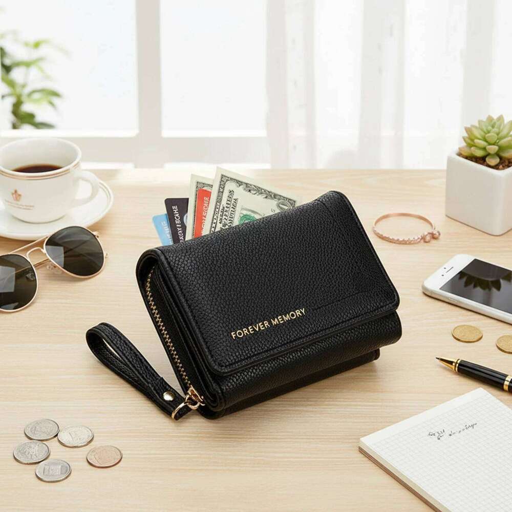 Women Short Tri-fold Wallet with Heart Embroidery Multiple Slots Compact Card Holder Lightweight Purse Organizer Y260206