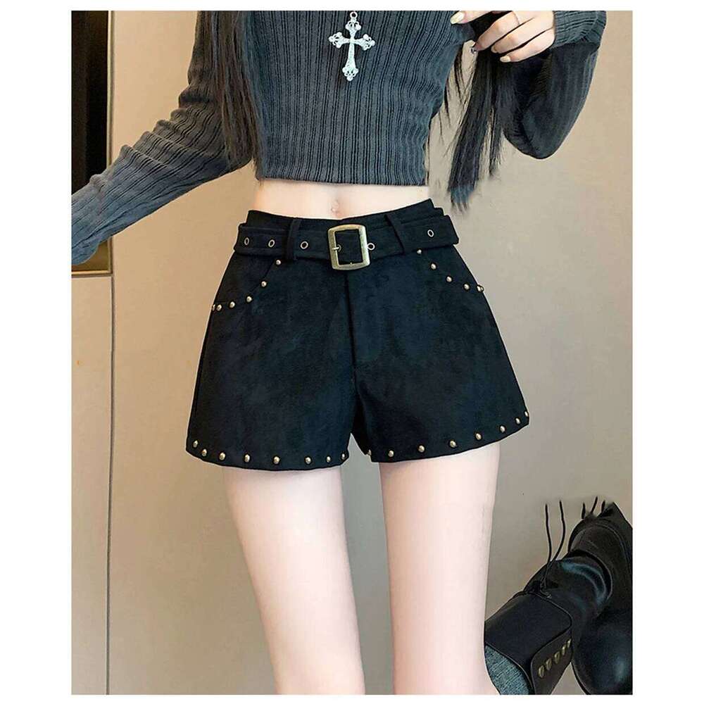 American Style Rivets Suede Women's Short Pants 2025 Autumn Winter New High Waist Slim Fit Hot Girl Trendy A-Line Chic Shorts XJ260206