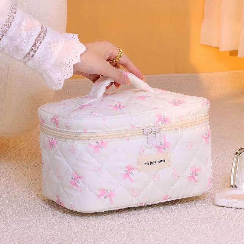 Women's cotton makeup cute bow Cosmetic Bag girl's large-capacity skin care product storage portable travel toiletry bag Y260206