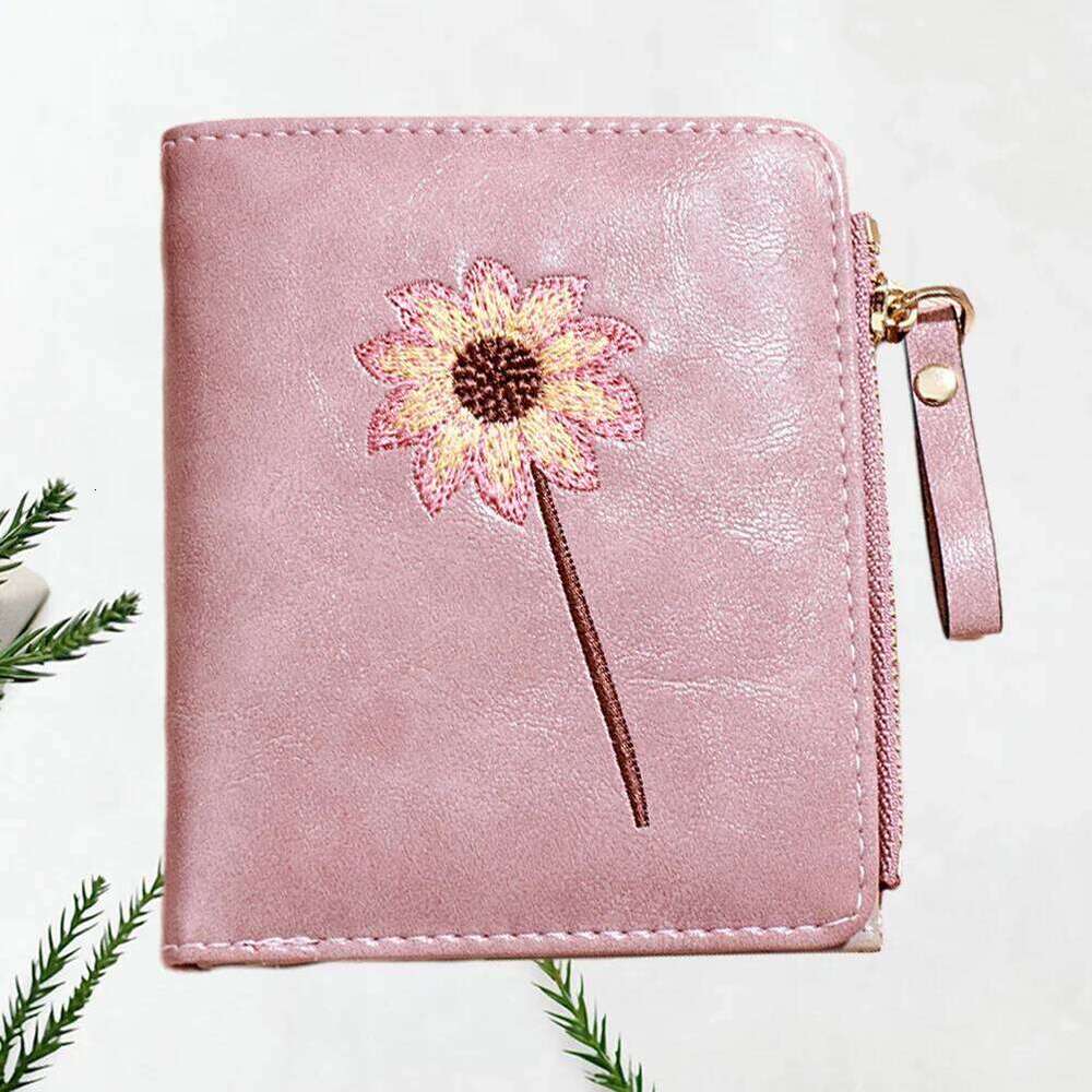 Pink Flower Pattern Bifold PU Wallet Zipper Purse for Women Multi Card Cash Holder Compact Design Birthday Gift Y260206