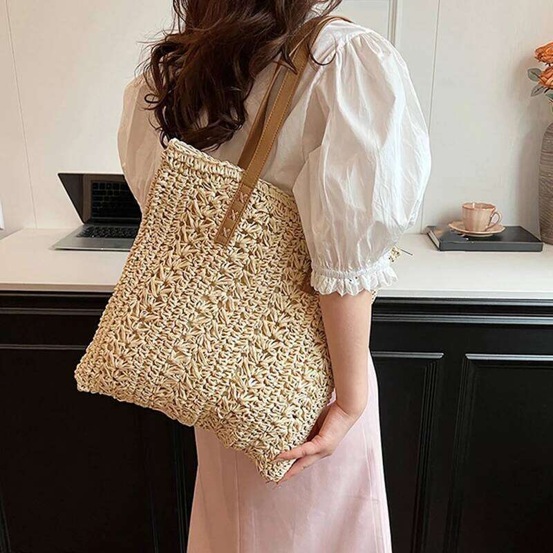 Women's Straw Bag Boho Hollow Design Summer Large Capacity Bucket Handbag Rattan Weave Handmade Craft Tote Basket Y260205