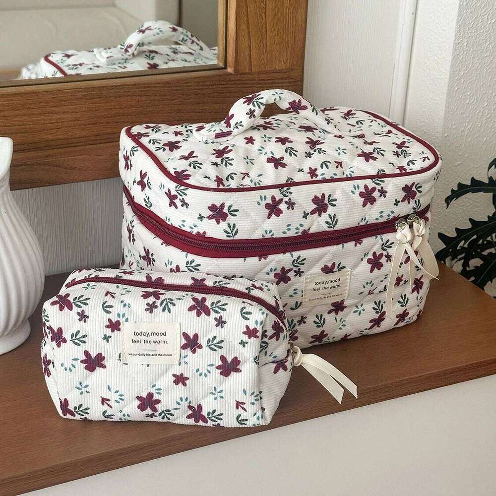 Fashion Red Floral Tote Women's Large Capacity Cosmetic Storage Handbag Ladies Corduroy Pouch Makeup Clutch Bag Y260206