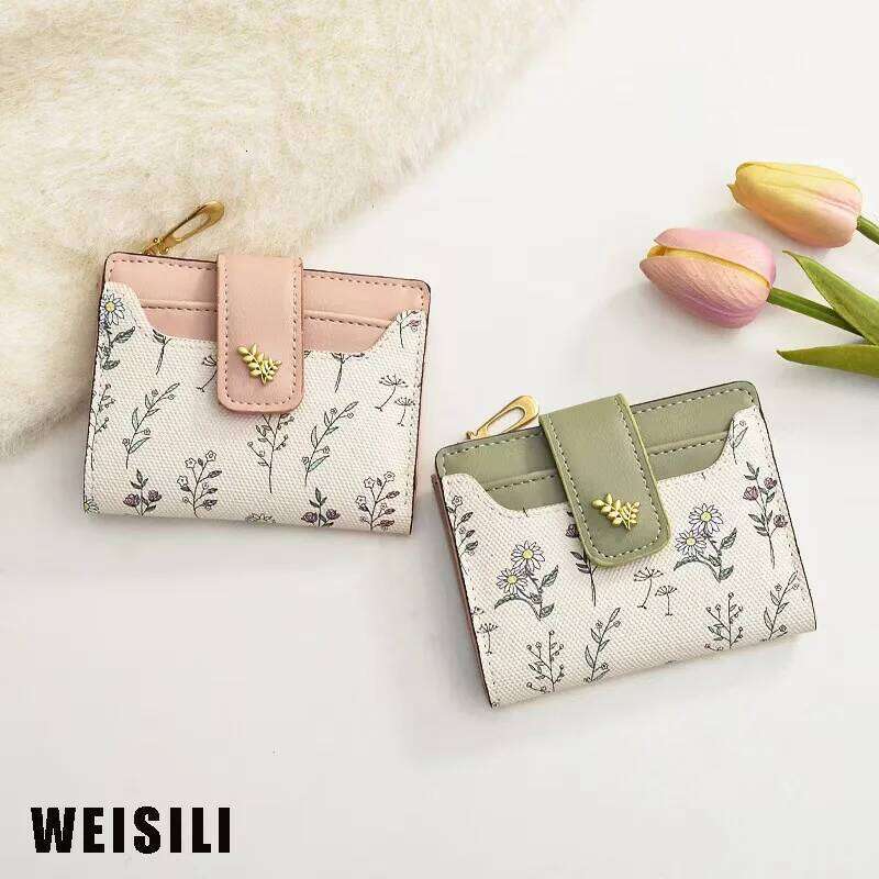 Short PU Leather Thin INS Multi Coin Purse Small Flowers Card Bag Hasp Zipper Wallet for Women Girl Y260206