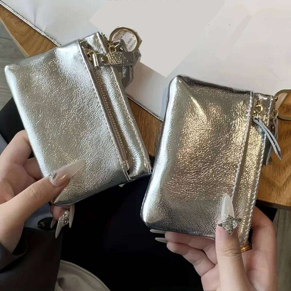 Silver zipper small wallet for women. Top layer cowhide mini pouch. Cracked texture key bag. Card holder. Coin purse. Y260206