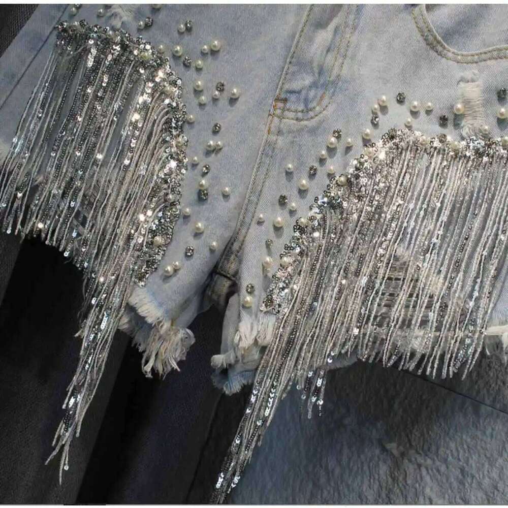 Women Sequined Fringe Denim Summer Rhinestone Pearl Beading Short Jeans Casual Fashion High Waist Female A-line Shorts XJ260206