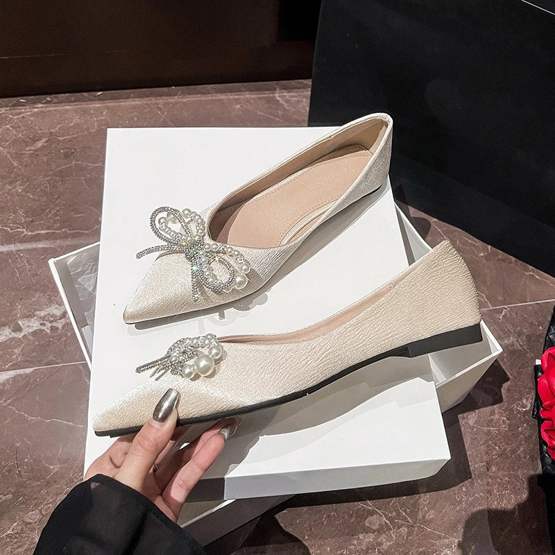 pearl bow flat shoes woman pointy silk strings ballet flats women crystal bow moccasins wedding shoes big size43 260124