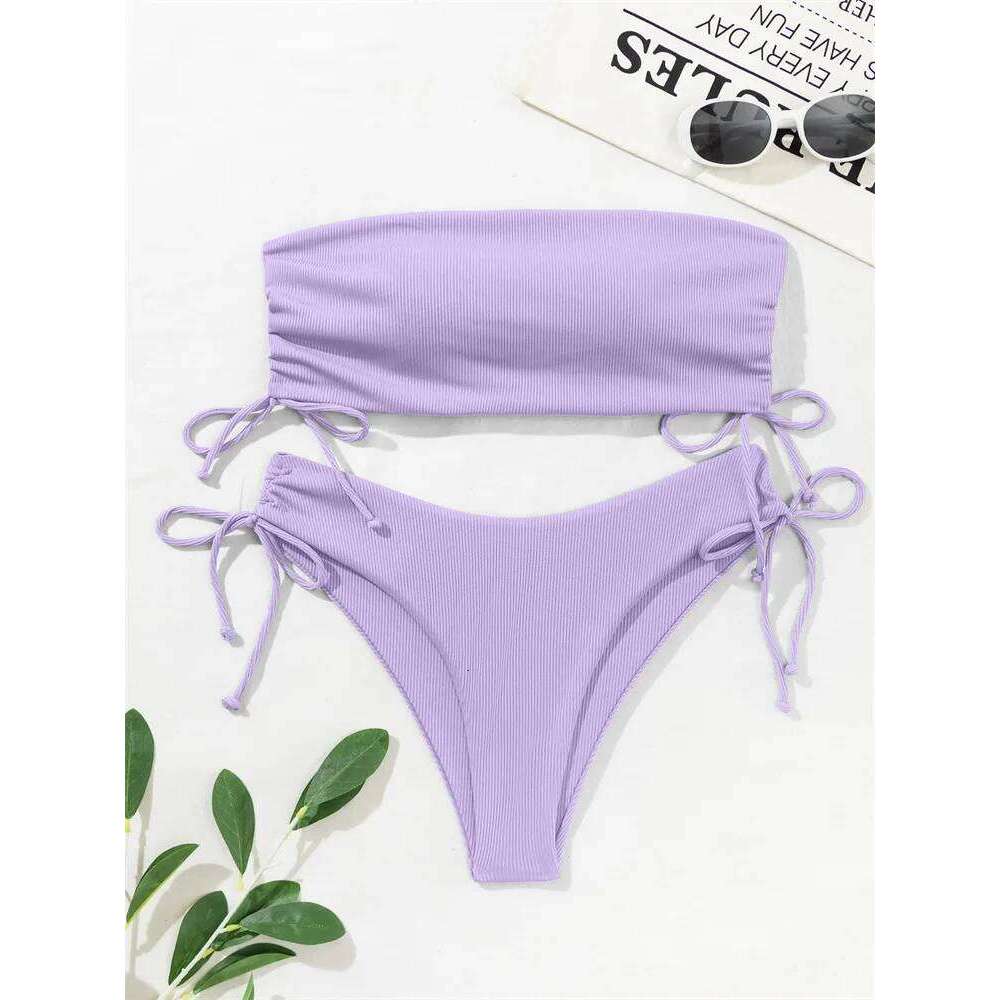 New Sexy Bandeau Bikini Set Bandage Lace Up Women Swimsuit Two-piece Solid Swimwear High Waist Brazilian Beach Bathing Suit C260207