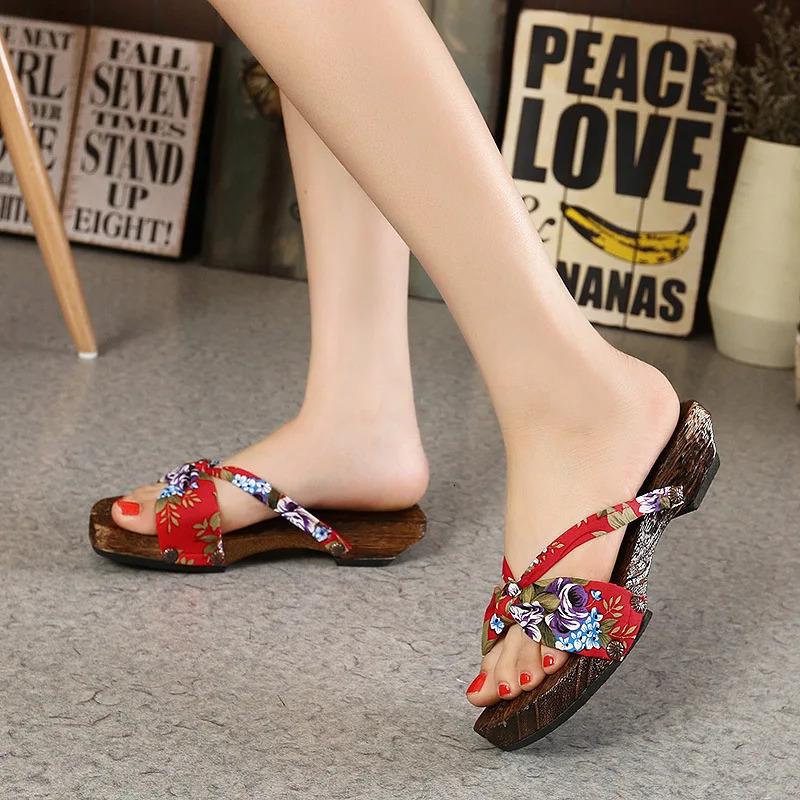 Women Wooden Clogs Chinese Ethnic Style Flower Slippers Geta Sandals Kimono Cosplay Flip Flop Shoes Oriental 260208
