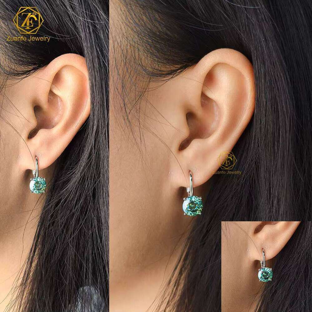 New Collection Blue Green Portuguese Cut Moissanite 8Mm 2Carart 18K Gold Plated 925 Silver Hidden Halo Diamond Earrings