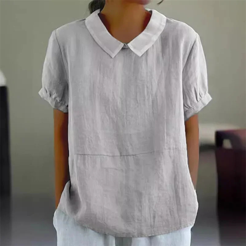 Solid Color Cotton Linen Lapel Pullover Shirt Women Summer Short Sleeve Blouse Female Comfortable Casual Simple Style Tops 260207