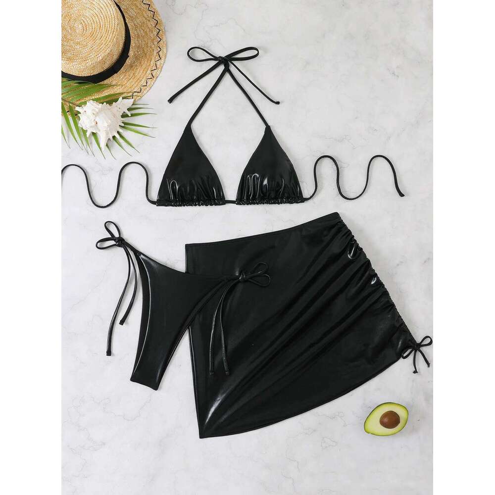 2025 New 3 Pieces Swimsuit Women Thong Swimwear Sexy Bronzing Bikini Set With Sarong Mini Skirt Beachwear Bathing Suit Gold C260207
