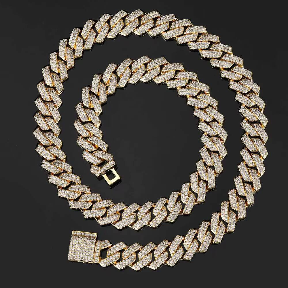 Wholesale Stock Hip Hop Rapper Jewelry 14mm Real Solid Gold Plating Iced Out vvs moissanite Diamond Prong Cuban Link Chain Necklace for Men