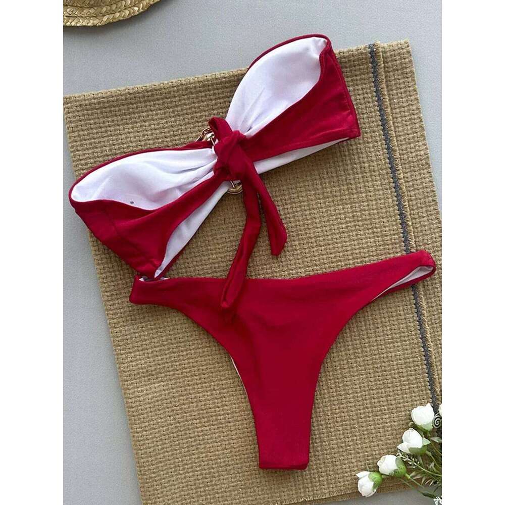 XS - L Metal Ring Bandeau Women Swimwear Female Swimsuit Two-pieces Bikini set Brazilian High Cut Bathing Suit Swim Lady C260207