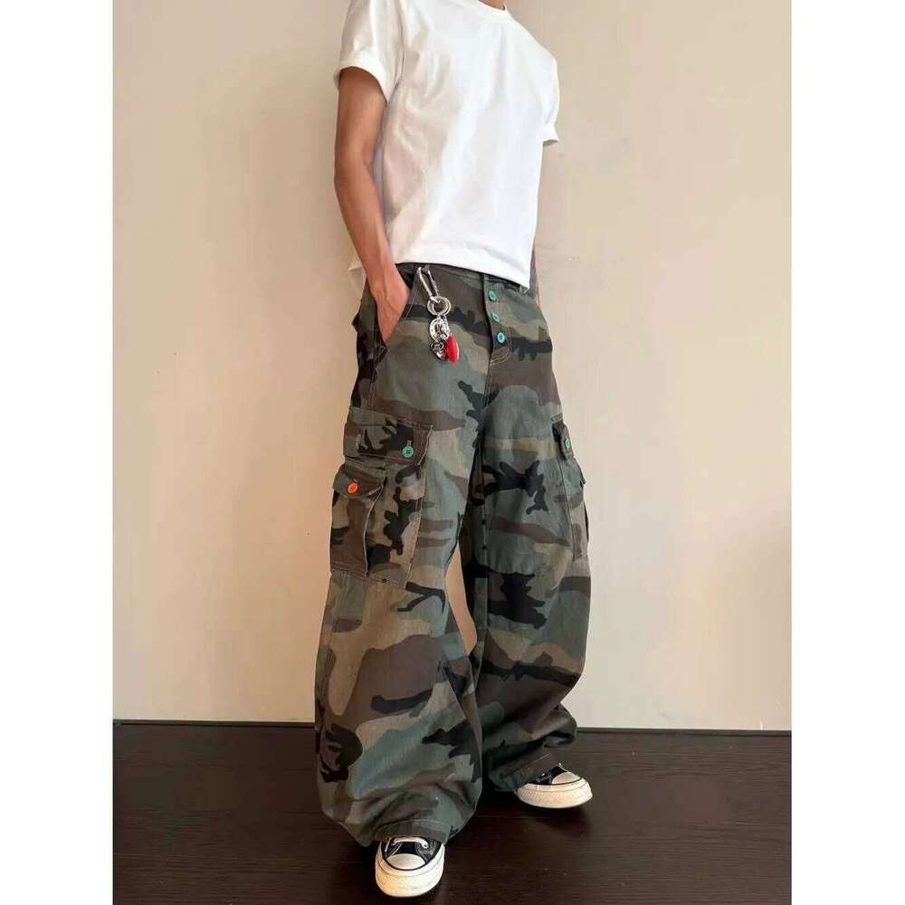 Men's Colorful Button Design Camouflage Pants Casual Spring Street Boy Wide Legs Sweatpants Male Straight High Waist Trousers