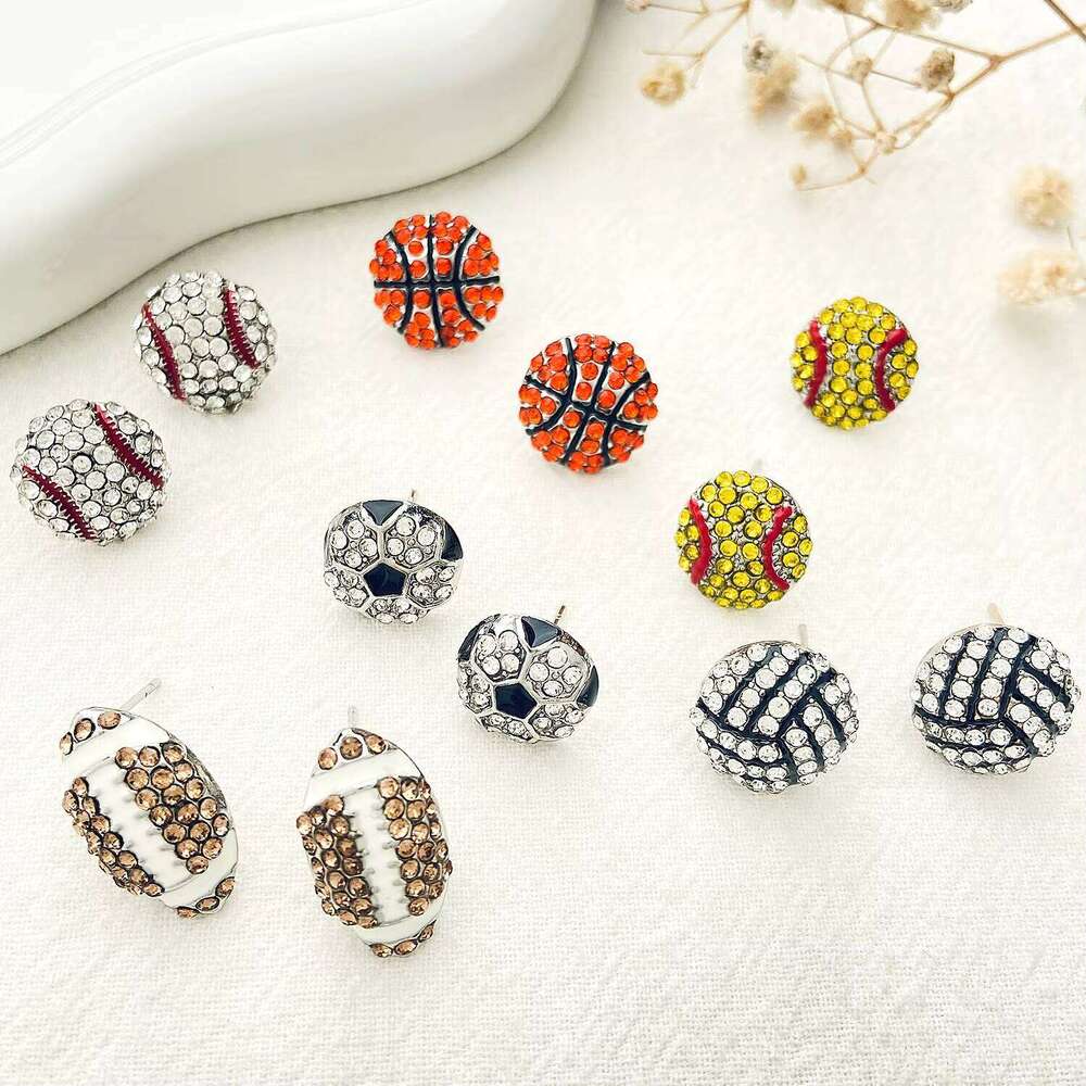 Sport Style Fashion Jewelry Basketball Volleyball Baseball Football Cup 2026 Full Diamond Ball Stud Earring