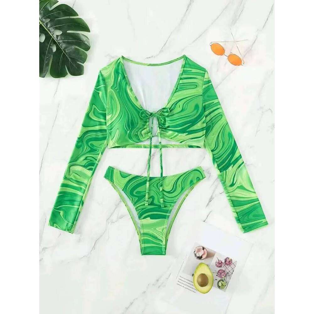 2025 Hollow Out String Long Sleeve 2 Piece Bikini Women Swimwear Female Swimsuit Bathers Bathing Swimming Suit Beachwear Summer C260207