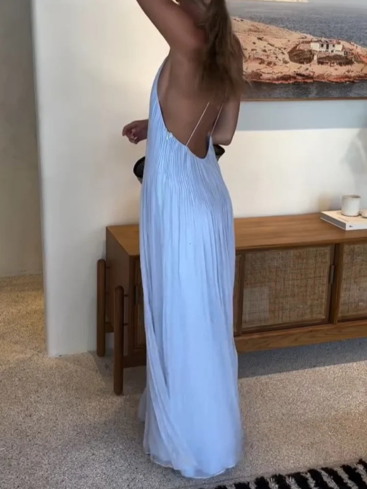 Light Blue Pleated Sling Long Dresses Women Sexy Backless Sleeveless A Line Robes Elegant Female Evening Party Club Gowns 260127