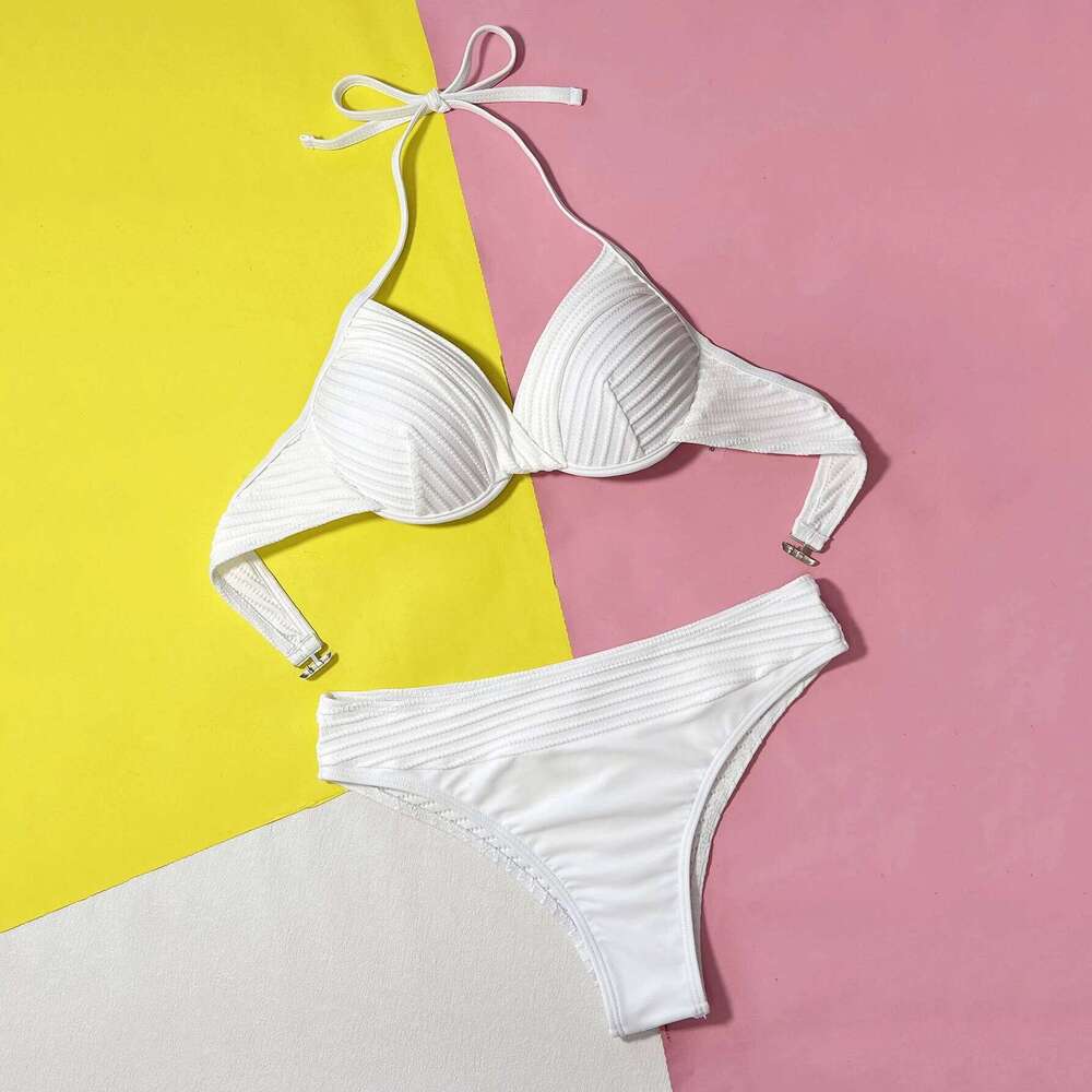 Sexy Waisted Bikini Set Push Up Swimwear Women White Ribbed Swimsuits Underwired Bathing Suit High Cut Bikinis 2025 Mujer C260207