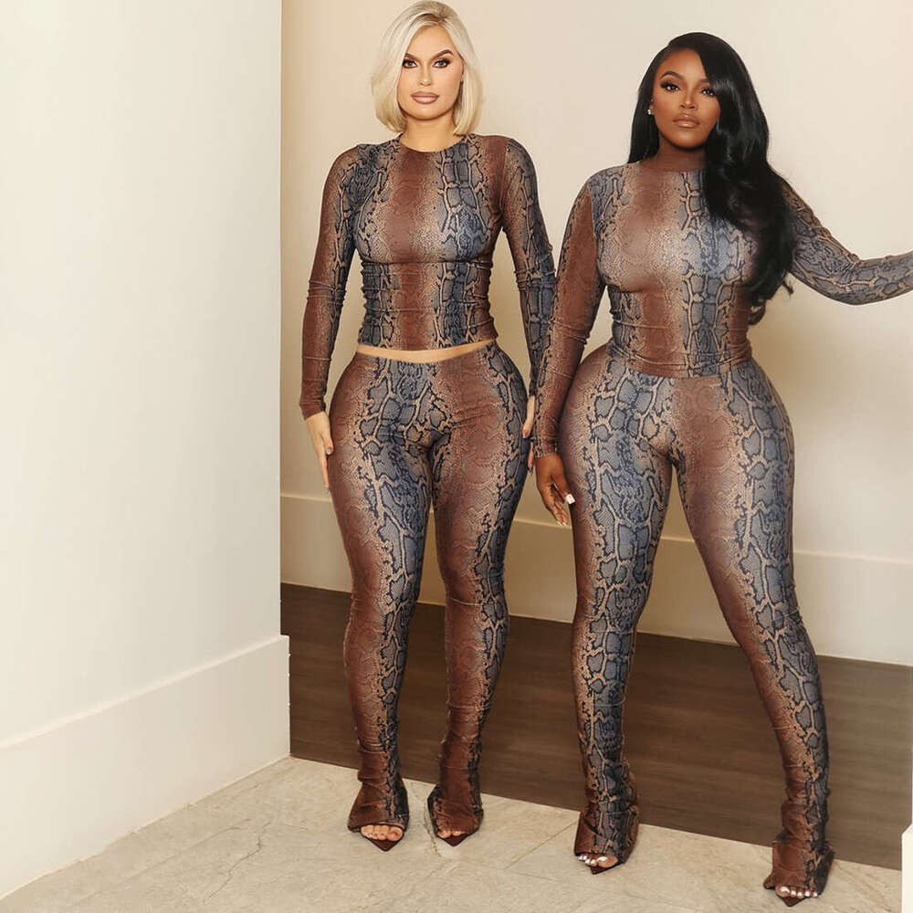 New European American style slim-fit waist-cinching long-sleeve top and tight-fitting hip-lifting printed pants set for women