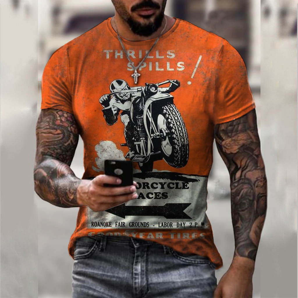 Men'S T-Shirts Retro Motorcycle Themed Men'S Short Sleeved T-Shirt Fashionable Casual Sportswear Comfortable Quick Drying