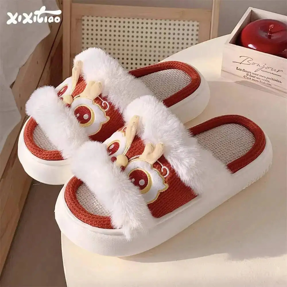 Home Slippers Chinese Trend Lion Dance Linen For Women FourSeason Stylish Anti Slip Thick Soled Cotton 260208