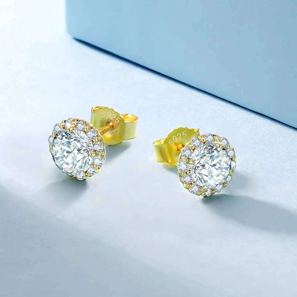 2Ct Big Moissanite 925 Sterling Silver Women Girl Men Jewelry Gold Plated Round Cut Lab Diamond 6.5Mm Halo Stud Earring