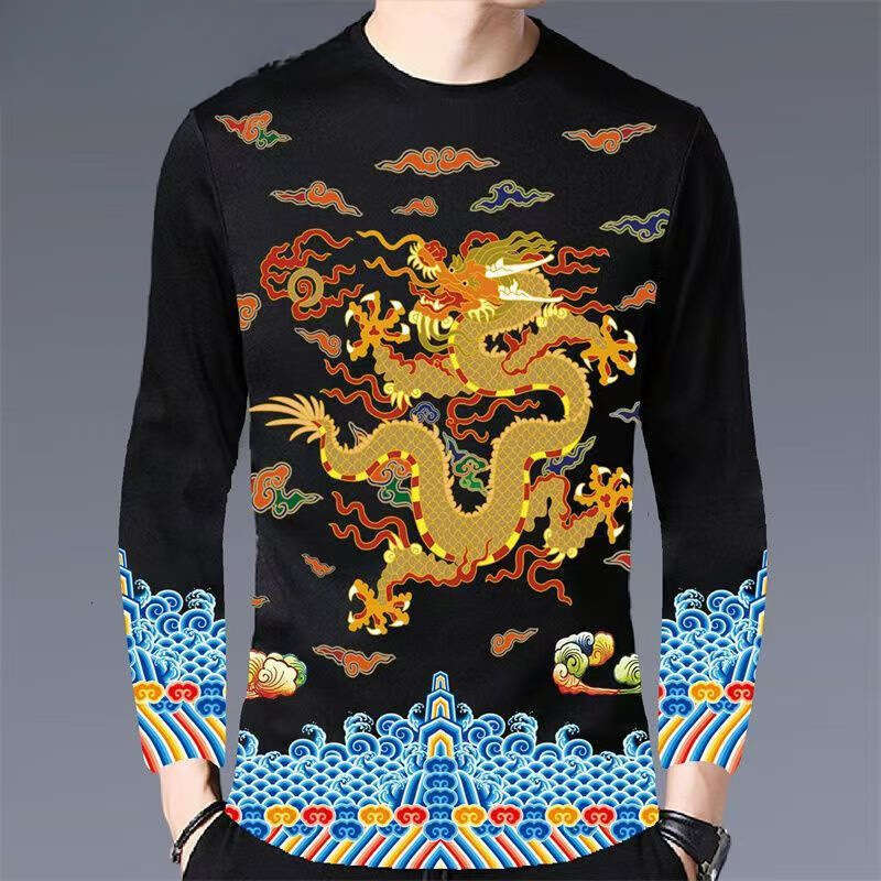 Bold Chinese Dragon Print Men's Trendy Youth Korean Style Long Sleeve T-Shirt Slim Fit Luanyun