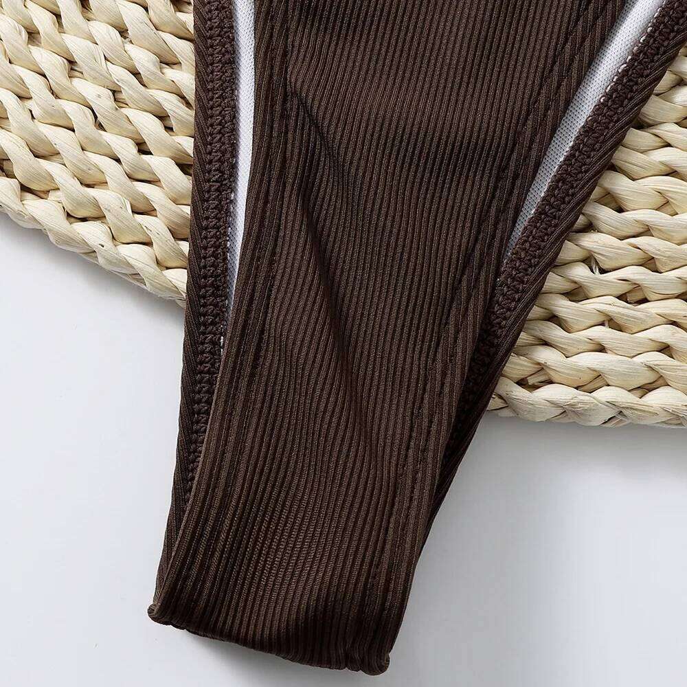 Rib Buckle Linked Thong Bikinis 2025 Women Sexy Swimsuit Solid Swimwear Female Padded Bathing Swimming Suit Beachwear Summer C260207