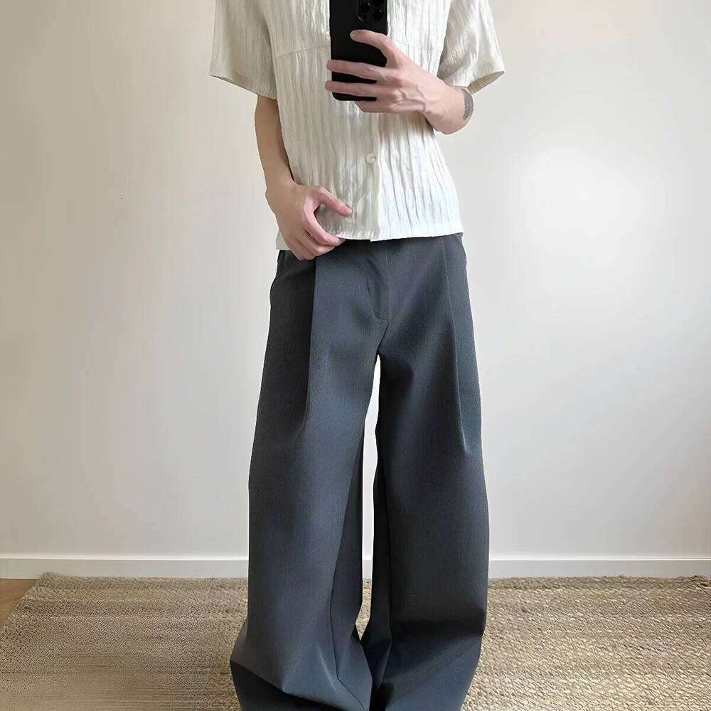 Retro Japanese Style Double Fold A- Line Straight Leg Pants Unisex Grey Draping Loose Fit Casual Trousers for Commuting