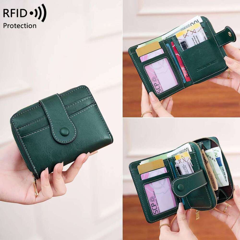 Women's RFID Blocking Multi-Card Holder Zipper Buckle Short Money Clip Retro Coin Wallet Functional Design Y260206