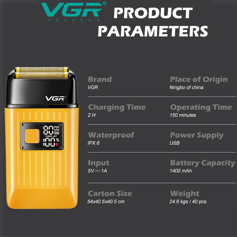 VGR Rechargeable Hair Shaver For Men Powerful Electric Shaver Beard Electric Razor Bald Head Shaving Machine With Mesh 260126