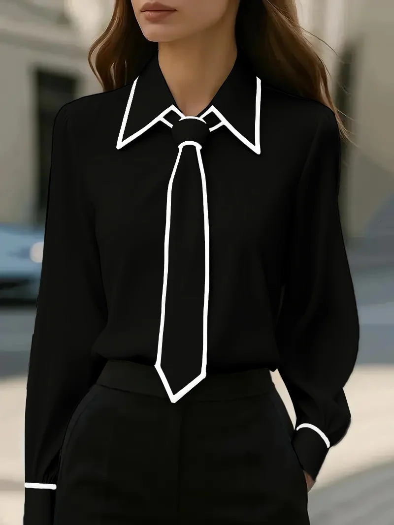 Womens fashion tie lapel n casual longsleeved shirt 260207