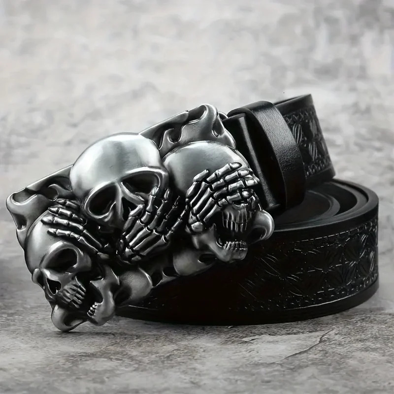 1 Western Cowboy Ancient Silver Multiple Ghost Head Skull Large Plate Buckle Belt Trendy Retro Society Young Men Punk PU Leather 260124