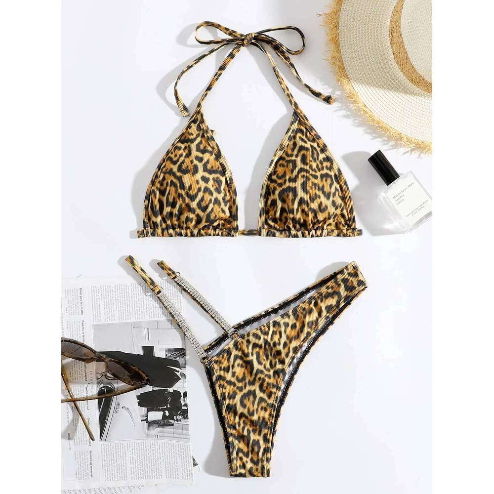 Leopard Halter Thong Bikinis 2025 Women Sexy Triangle Swimsuit Diamond Swimwear Female Jewelry Bathing Swimming Suit Beachwear C260207