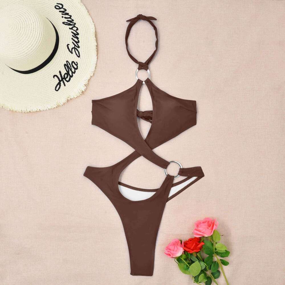 sexy cross ring halter bandage hollow one piece bikinis 2024 women thong swimsuit female bathing suit swimwear biquini C260207