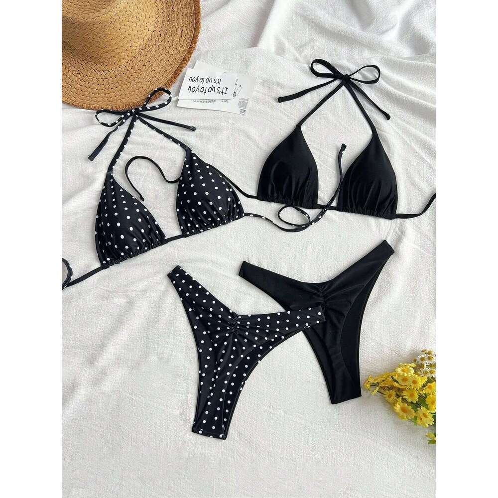 Four piece sexy bikini swimsuit set with white dots and pure black C260207