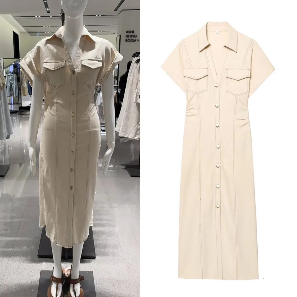 ETJ summer womens elegant fashion waist pleated Vneck shortsleeved temperament denim MIDI dress 260127