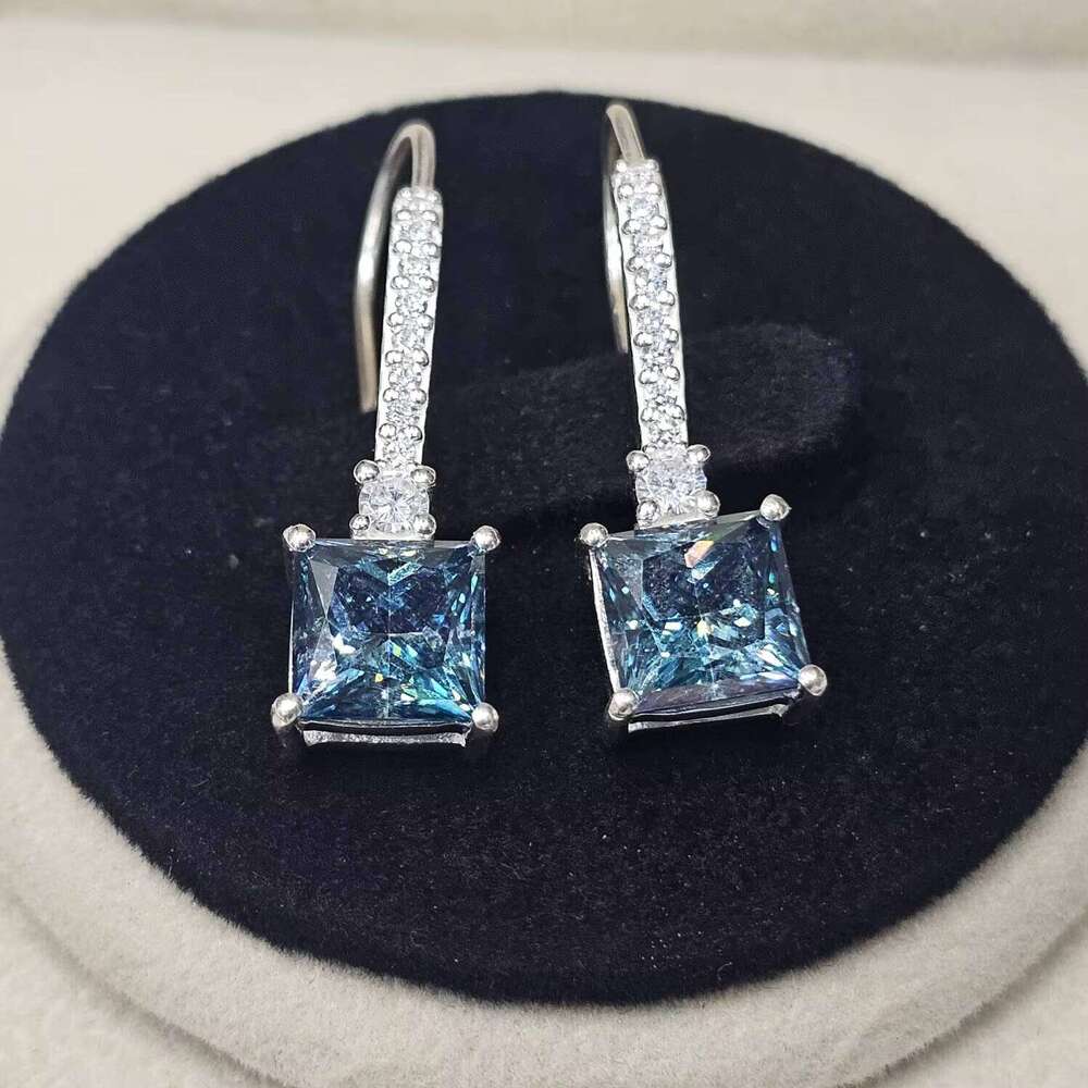 Original Fine Earrings 925 Sterling Silver Excellent Quality Latest Trendy Square Cut Blue Coated Moissanite Gemstone