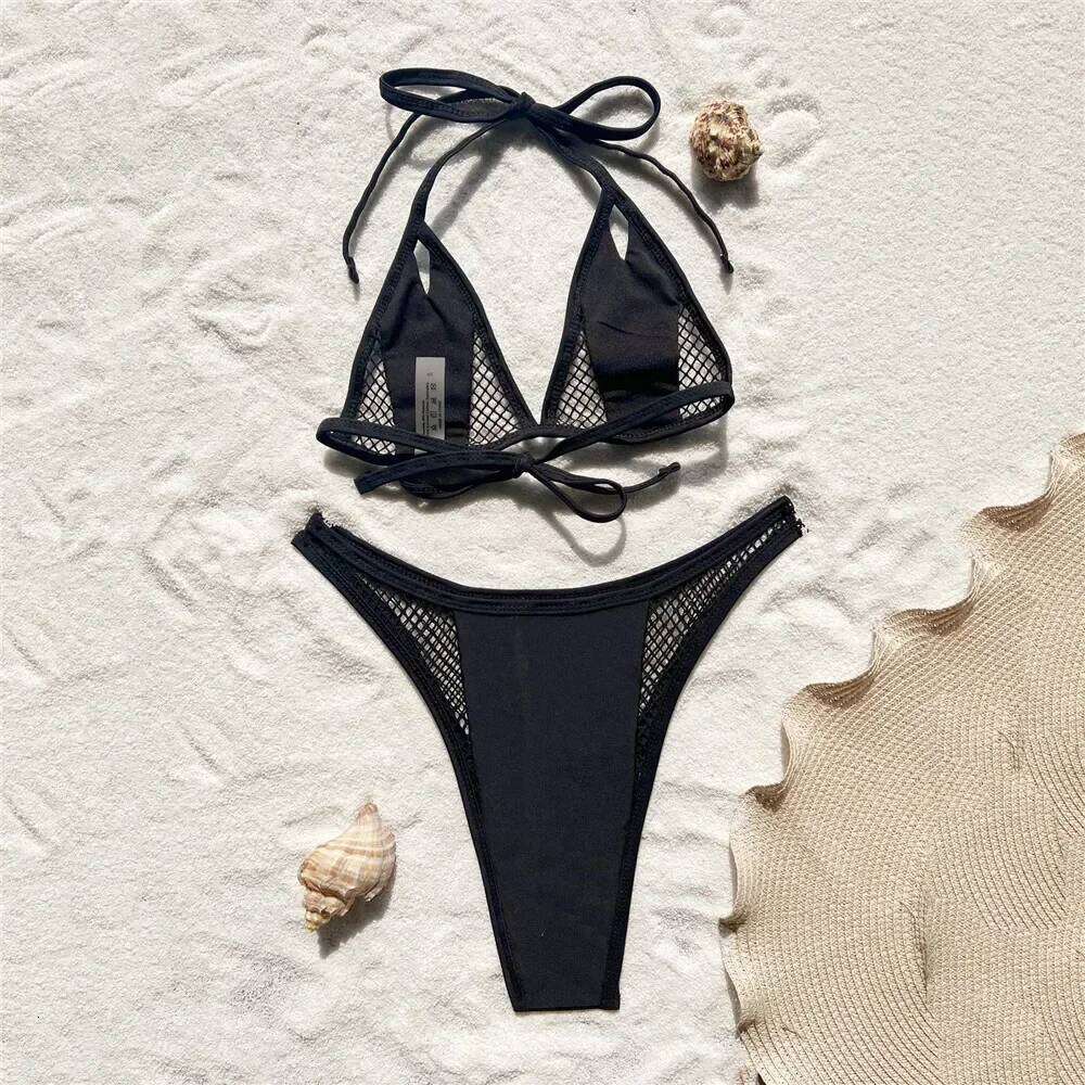 Black Mesh Patchwork Micro Bikini Thong String Halter Swimwear Mini Sexy Swimsuit Women 2025 Hollow Out Bathing Suit Bikinis Set C260207