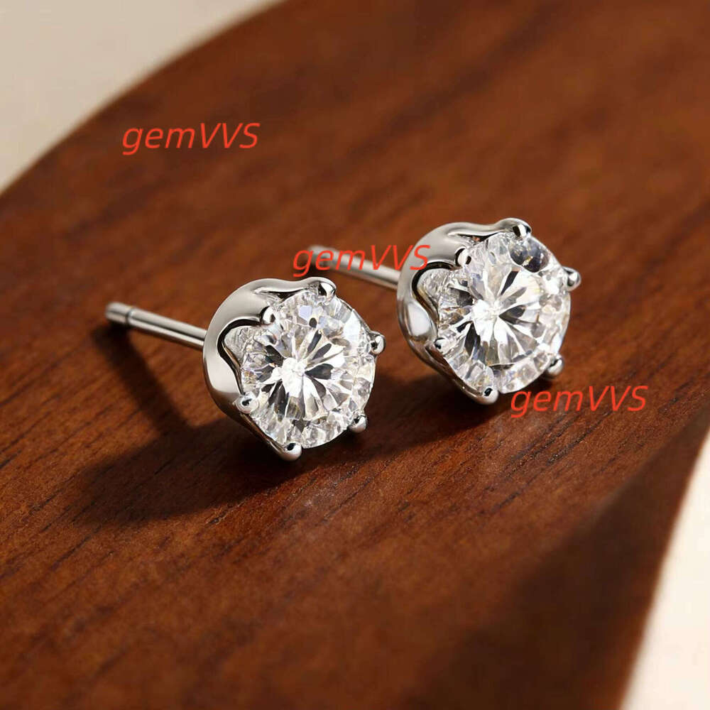 925 Sterling Silver Rhodium Plated Moissanite Solitaire Stud Earrings Sculpted Six Claw Flower Setting GRA Certified Women's